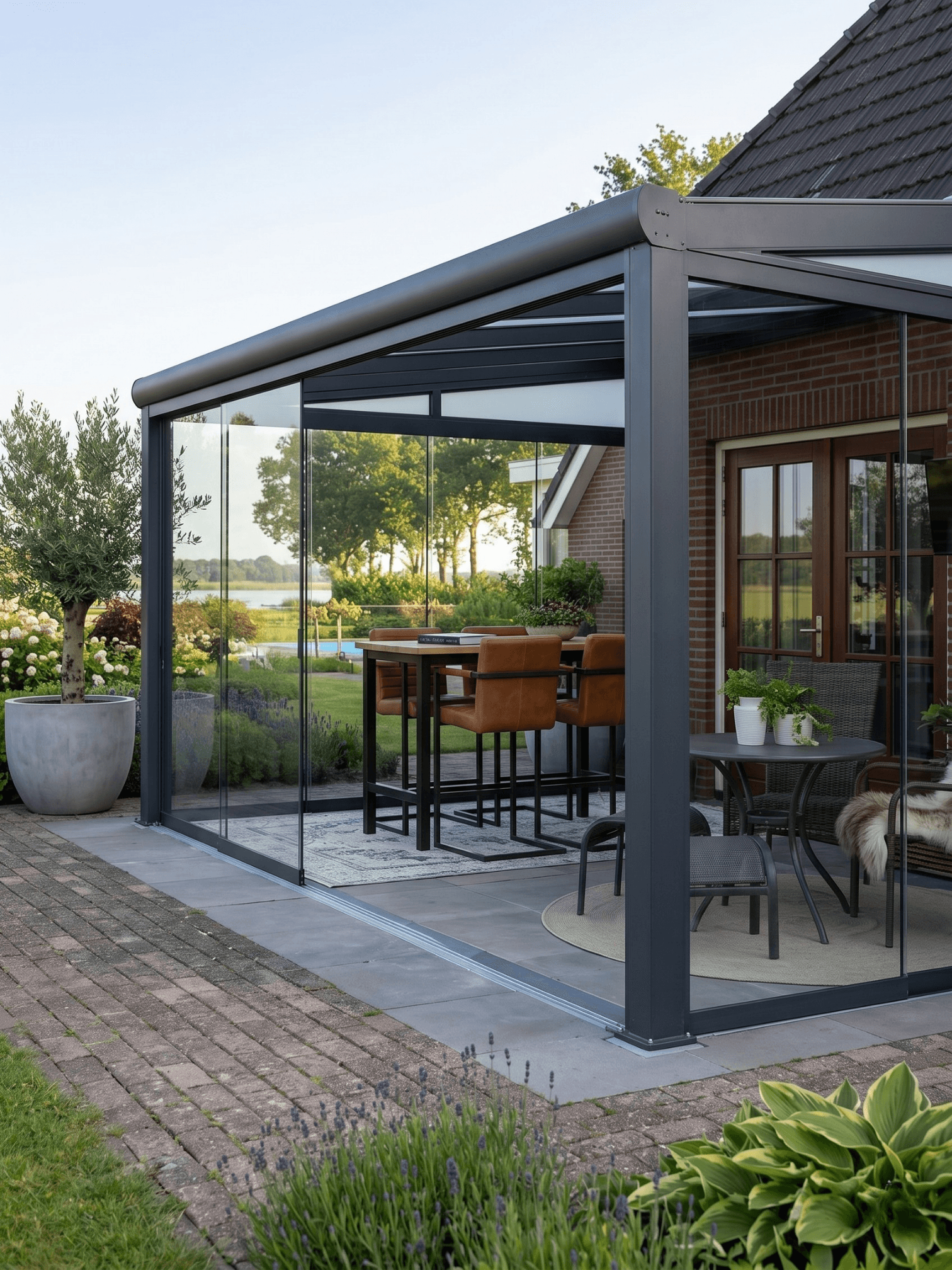Glazen schuifwand geplaatst door Aluxio bij een moderne terrasoverkapping